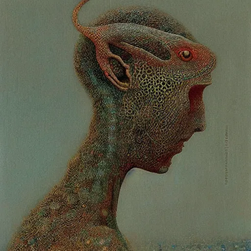 Prompt: portrait of lizard woman by Beksinski
