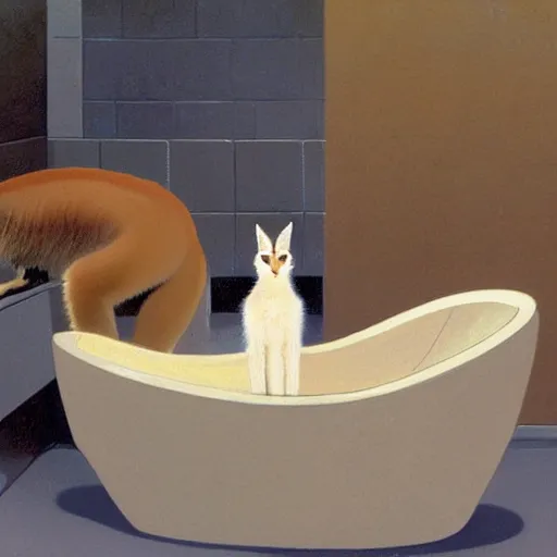 Image similar to cute caracal in bathtub, by Ralph McQuarrie