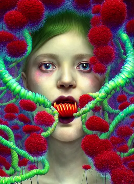 Image similar to hyper detailed 3d render like a Oil painting - kawaii portrait Aurora (red haired Fae) seen Eating of the Strangling network of yellowcake aerochrome and milky Fruit and Her delicate Hands hold of gossamer polyp blossoms bring iridescent fungal flowers whose spores black the foolish stars by Jacek Yerka, Mariusz Lewandowski, Houdini algorithmic generative render, Abstract brush strokes, Masterpiece, Edward Hopper and James Gilleard, Zdzislaw Beksinski, Mark Ryden, Wolfgang Lettl, hints of Yayoi Kasuma, octane render, 8k