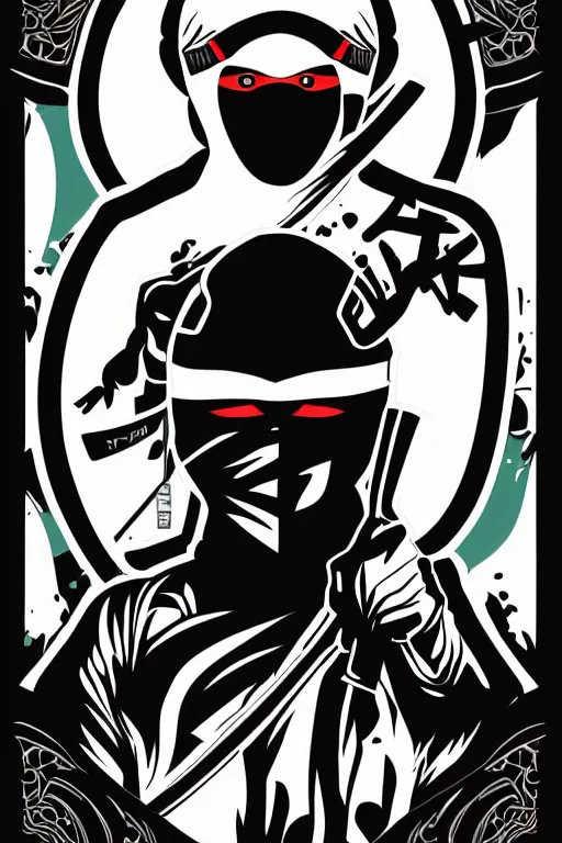 Prompt: Poster of a ninja in the style of die cut sticker, art by daniel Barreto , color, detailed, high resolution, vector art