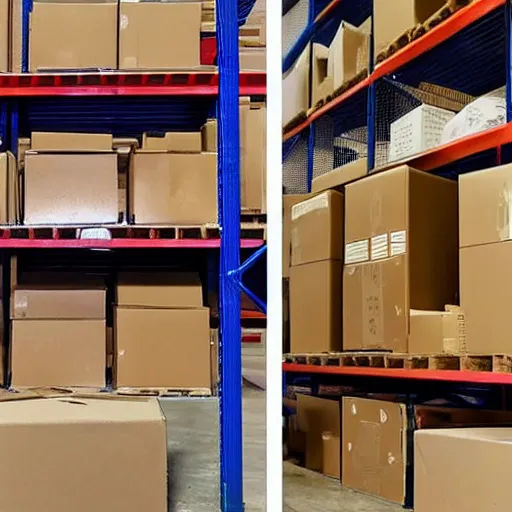 Image similar to 2 slides the first a warehouse full of boxes, the second is the same picture but boxes are masked