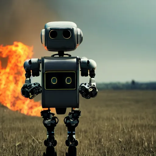 Image similar to futuristic robot bent on knees towards a burning field, photograph, smoke, dark