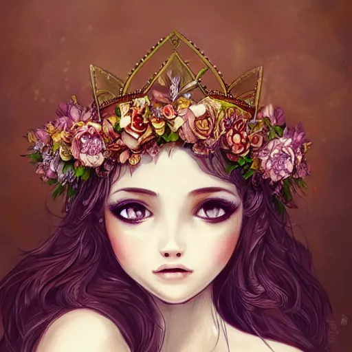 Image similar to portrait of a fox wearing a tiara wreath flowers, fantasy art, trending on artstation deviantart, beautiful art, highly detailed