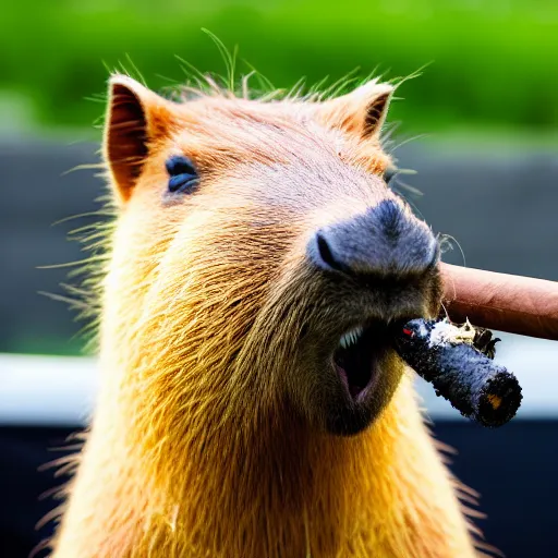 Image similar to an accurate capybara wearing a business suit and smoking a cigar in his mouth