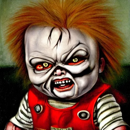 Image similar to painting of chucky by judson huss and henriette grindat and albrecht durer | horror themed | creepy