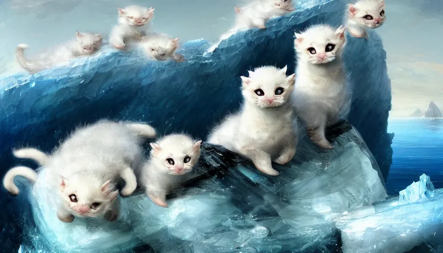 Image similar to highly detailed painting of white cute baby seal furry dragon kitten pandas on a blue and white iceberg by william turner, by greg rutkowski, by william constable, thick brush strokes and visible paint layers, 4 k resolution