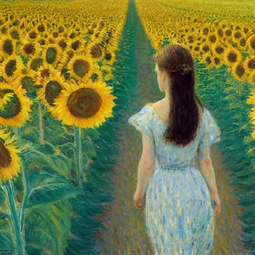 Image similar to a girl slowly walking through amazing tall sunflower field, her hair flowing down, subtle, intricate details, real masterpiece, impressionist painting, by gustave caillebotte