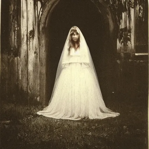 Image similar to picture of ghostly bride in front of an old wooden white church, 1 9 th century southern gothic scene, made by achenbach, andreas