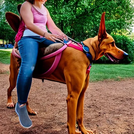 Image similar to girl riding a giant doberman in the park