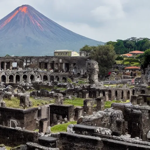 Prompt: ancient Roman city engulfed by volcano