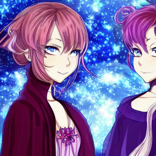 Image similar to two identical beautiful female mages standing face to face, full of detail, gorgeous anime art