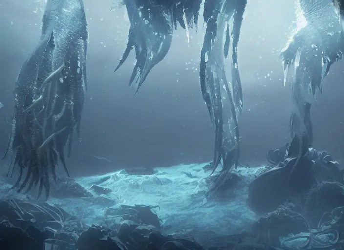 Prompt: lush underwater kelp forest ecosystem beneath the ice of europa, alien plants and fish, award winning photograph, concept art trending on artstation