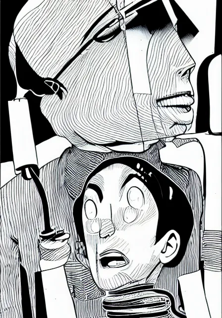 Image similar to wires, factory worker with pleasure - generating electrode in the head, by amano yoshitaka, 8 k hd, factoryjunji ito