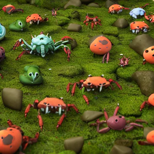 Image similar to large group of crabs and worms, crawling along a bed of moss, low poly, creeper world, handcrafted, artstation, hyperrealistic, hard light, best practices, creeptastic, photorealism, macro perspective, cuddly, Voidless of the Festival!, The Graveyard!!