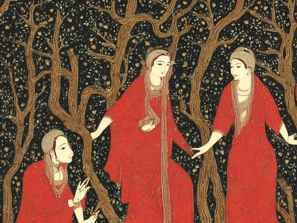 Image similar to Portrait of a young mystic dressed in white meeting the red Godess, thunderstorm, forest. Clear, high contrast Mughal Tantric miniature.