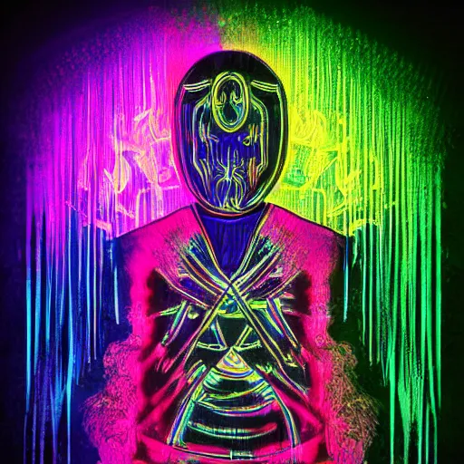 Image similar to neon rainbow samurai ghost of the rain, illustration, glitchart