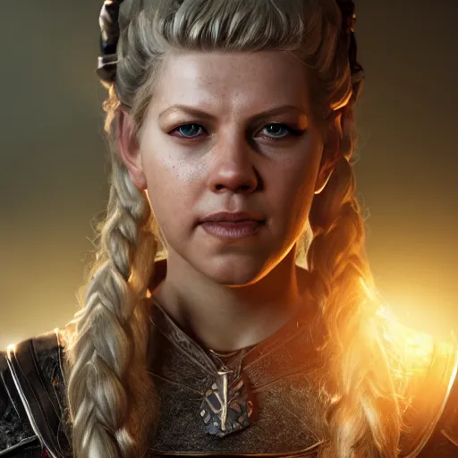 Image similar to portrait art of lagertha, 8 k ultra realistic, lens flare, atmosphere, glow, detailed, intricate, full of colour, cinematic lighting, trending on artstation, 4 k, hyperrealistic, focused, extreme details, unreal engine 5, cinematic, masterpiece