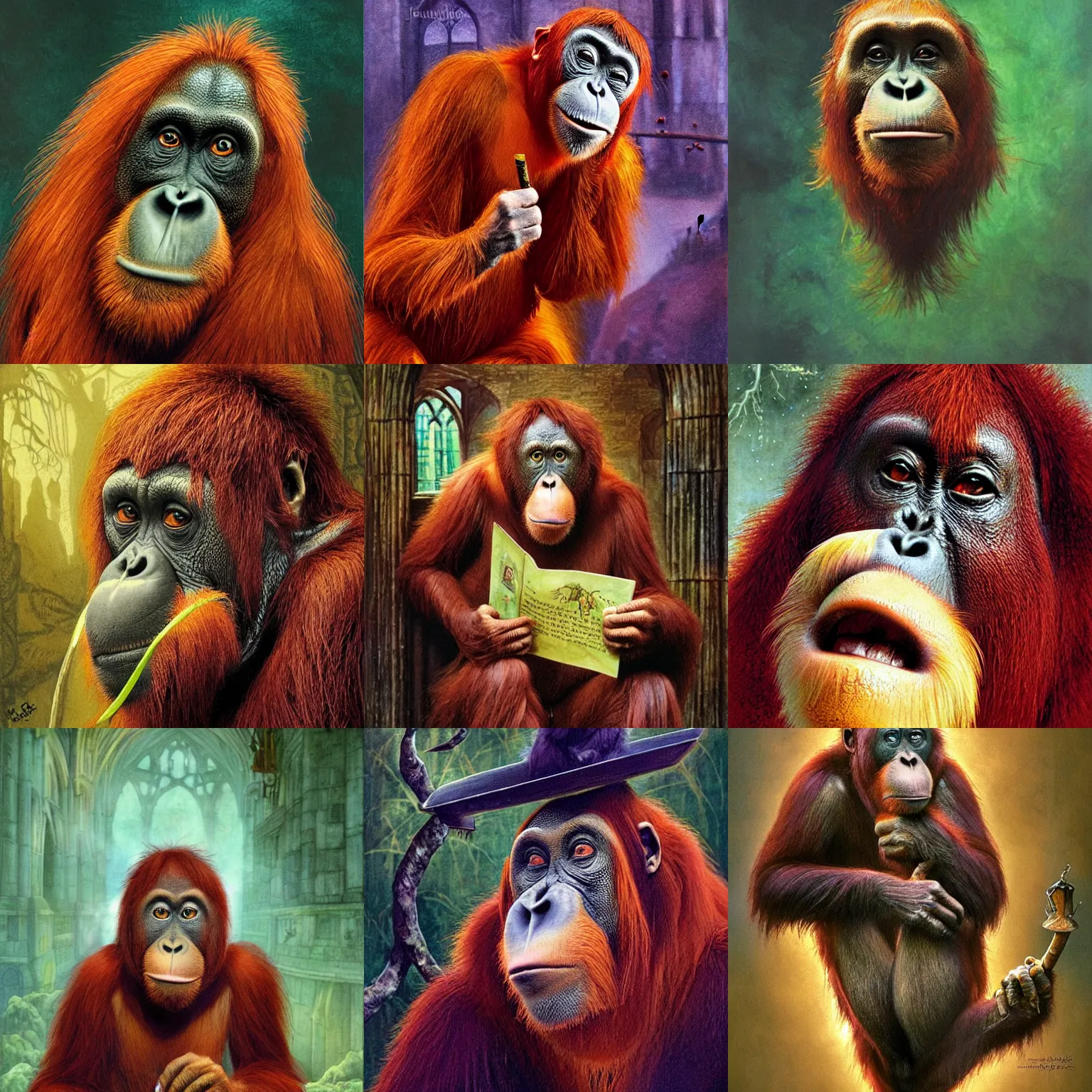 Image similar to Orangutan as a grumpy Libarian in Hogwarts, School of Witchcraft and Wizardry, detailed, hyperrealistic, colorful, cinematic lighting, digital art, illustration from a Harry Potter book by Paul Kidby and Jim Kay