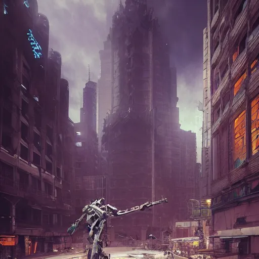 Image similar to six feet tall mech fighting in an urban environment, by gaudi, by giger, by ismail inceoglu, octane render, by weta digital, cinematic lighting, bump mapped, lumen reflections, ambient occlusion, action scene screenshot, epic scale, trending on artstation