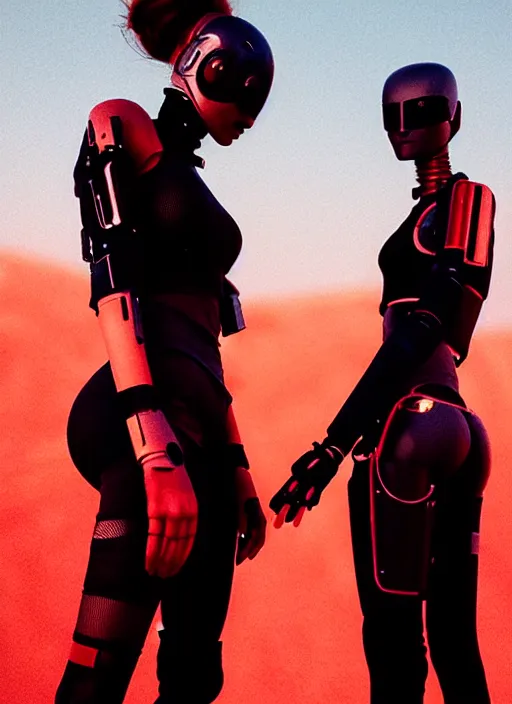 Image similar to cinestill 5 0 d photographic portrait of two loving female androids wearing rugged black mesh cutout waist techwear on a desolate plain with a red sky, extreme closeup, modern cyberpunk, dust storm, 8 k, hd, high resolution, 3 5 mm, f / 3 2, ultra realistic faces, ex machina, blade runner