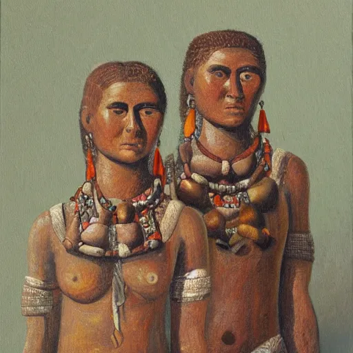 Image similar to a highly detailed oil painting of chalcolithic iberian man and woman, bell beaker people of the chalcolithic and early bronze age atlantic