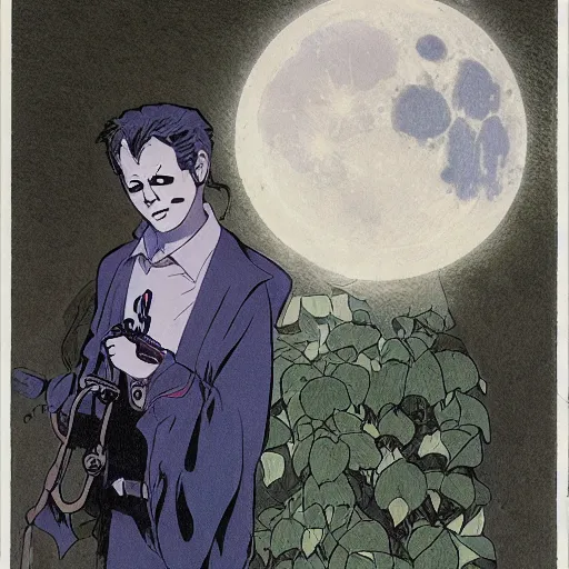 Image similar to michael myers in outside the myers house, halloween night, finely illustrated pale mask, moon light, shrubs, highly detailed, colored pencil, gainax, tankobon, in the style of ilya kuvshinov and yoshiyuki sadamoto and william - adolphe bouguereau and alphonse mucha