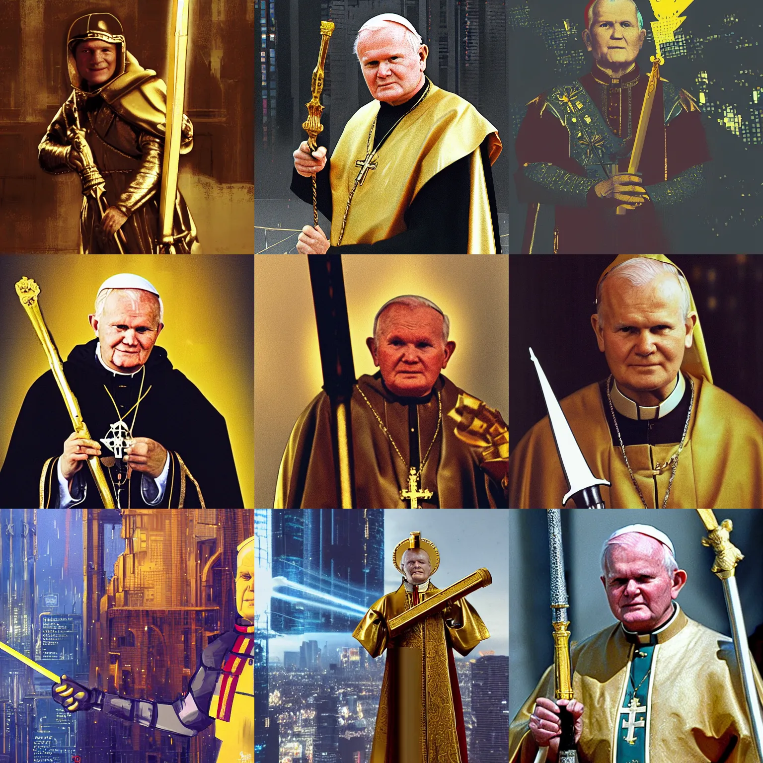 Prompt: John Paul II with a golden sword in a cyberpunk city