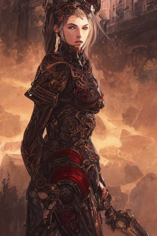 Image similar to portrait knights of Zodiac girl, metallic black and reddish reflected armor, in ruined Agora of Athens, ssci-fi, fantasy, intricate, very very beautiful, elegant, highly detailed, digital painting, artstation, concept art, smooth, sharp focus, illustration, art by tian zi and WLOP and alphonse mucha