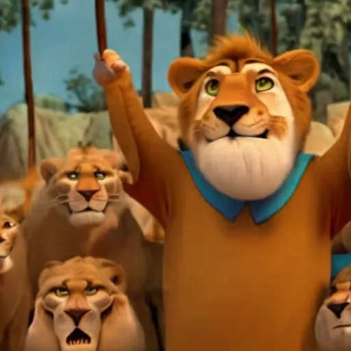 Image similar to Man in Biblical clothing in the middle of a den of ferocious lions as seen in Disney Pixar's Up (2009)