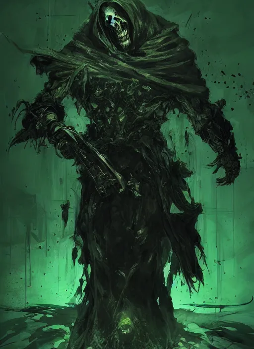 Image similar to Reaper, rotting commander of the undead in soiled green hooded robe. In style of Yoji Shinkawa and Hyung-tae Kim, trending on ArtStation, dark fantasy, great composition, concept art, highly detailed, dynamic pose.