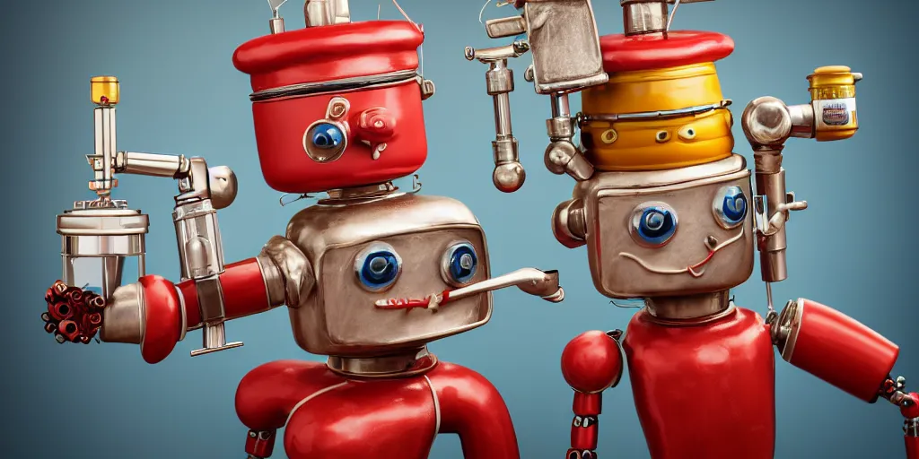 Prompt: closeup portrait of tin toy retro robot chef cooking pastry cake with chemicals flasks in a kitchen, depth of field, zeiss lens, detailed, centered, fashion photoshoot, by nicoletta ceccoli, mark ryden, lostfish, breathtaking, 8 k resolution, extremely detailed, beautiful, establishing shot, artistic, hyperrealistic, octane render