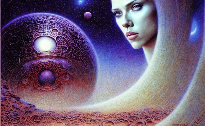 Image similar to cute scarlett johansson on a gigeresque planet by jean delville by luis royo and wayne barlowe, beksinski