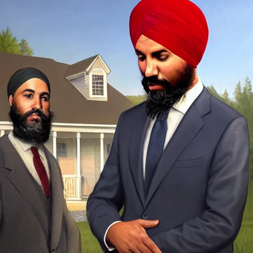 Image similar to Justin Trudeau with Jagmeet Singh in the american gothic painting, concept art, sharp focus, highly detailed digital painting by Gustave Corbet, artstation