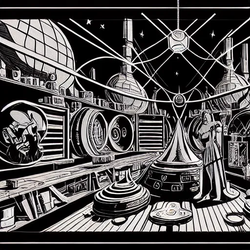 Image similar to ancient alchemist wizards laboratory, high details, lineart, by vincent di fate, inking, 3 color screen print, masterpiece, trending on artstation, sharp, high contrast, hyper - detailed, hd, 4 k, 8 k