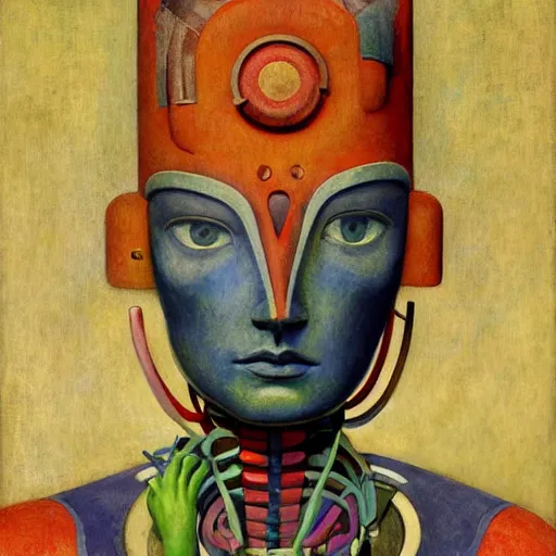 Image similar to portrait of a robot shaman, by annie swynnerton and edward hopper and diego rivera and jean delville and rufino tamayo and evelyn de morgan, art deco shaman, stylized geometric flowers, art brut, outsider art, symbolist, dramatic lighting, god rays, clean crisp graphics, smooth sharp focus, extremely detailed, adolf wolfli