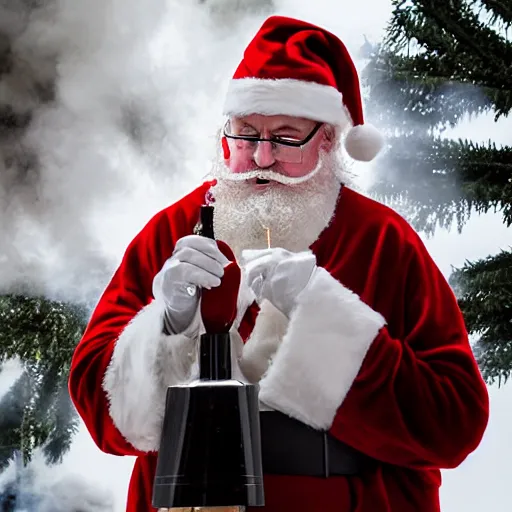 Prompt: a mall santa exhaling a large smoke cloud from his bong, award winning professional candid photography