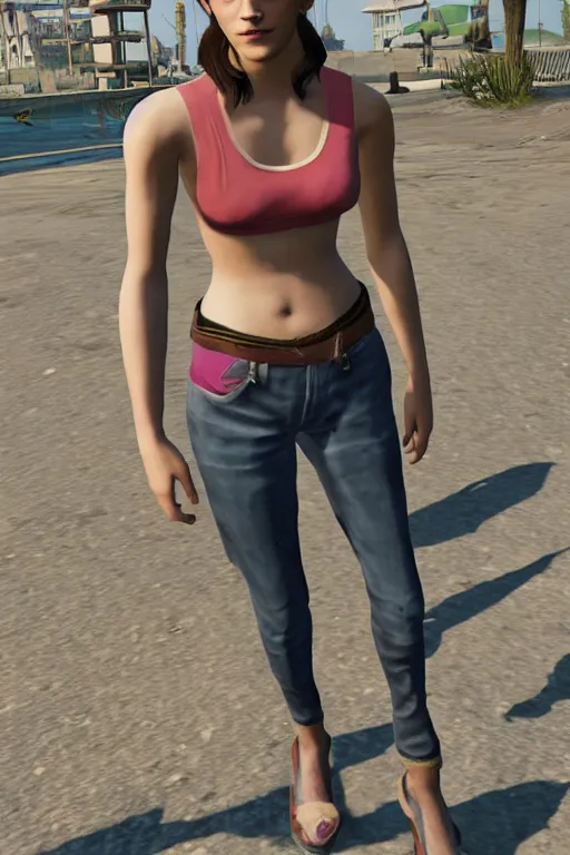 Prompt: Emma Watson as a GTA V NPC in vespucci beach, in game capture. 3D Render.