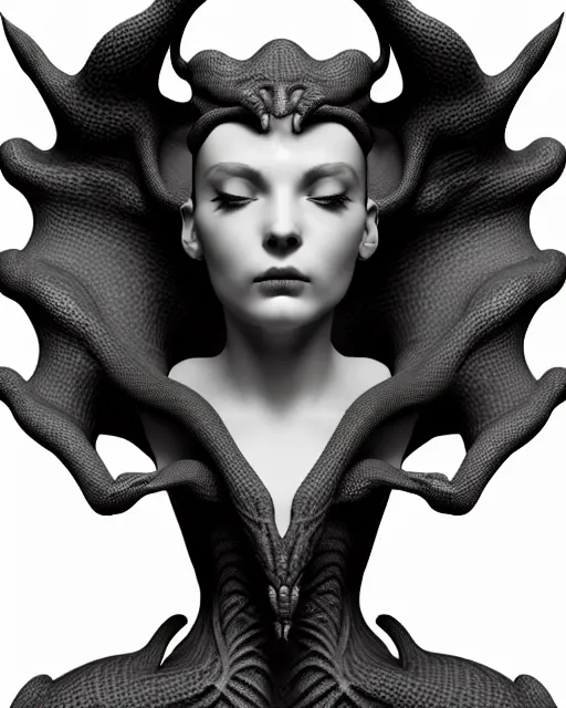 Image similar to a black and white 3D render of an elegant full figure young female angelic-dragon-cyborg with a very long neck, Mandelbrot fractal, anatomical, flesh, facial muscles, veins, arteries, full frame, microscopic, highly detailed, flesh ornate, elegant, high fashion, rim light, 150 mm lens, octane render in the style of H.R. Giger and Man Ray, Realistic, Refined, Digital Art, Highly Detailed, Cinematic Lighting, rim light, photo-realistic Unreal Engine, 8K