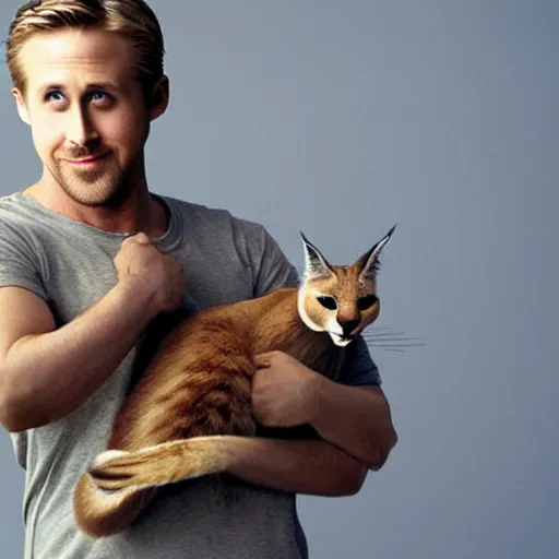 Image similar to Ryan Gosling holds a caracal cat in his hands, ultra highly detailed, smooth, sharp focus, elegant, artstation