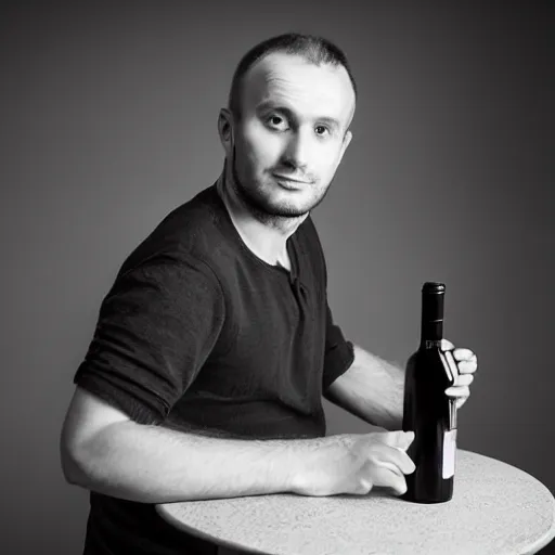 Image similar to portrait of a 3 0 years old frenchman in 2 0 2 0 seated at a table with a bottle of wine. award winning photography, 5 0 mm, studio lighting, black and white, contrasted.