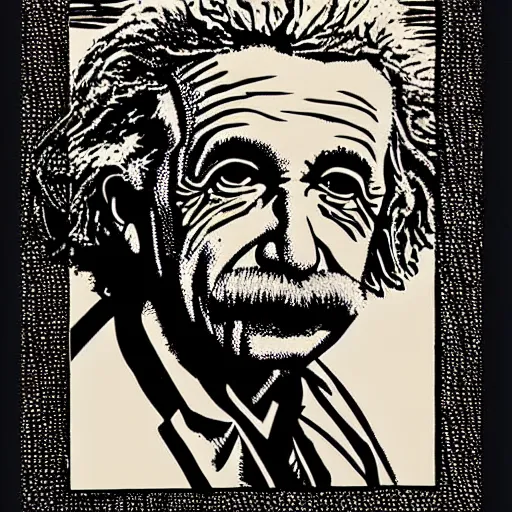 Prompt: blockprint einstein portrait