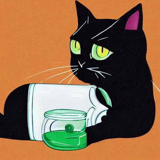 Image similar to black cat holding bottle of green liquid