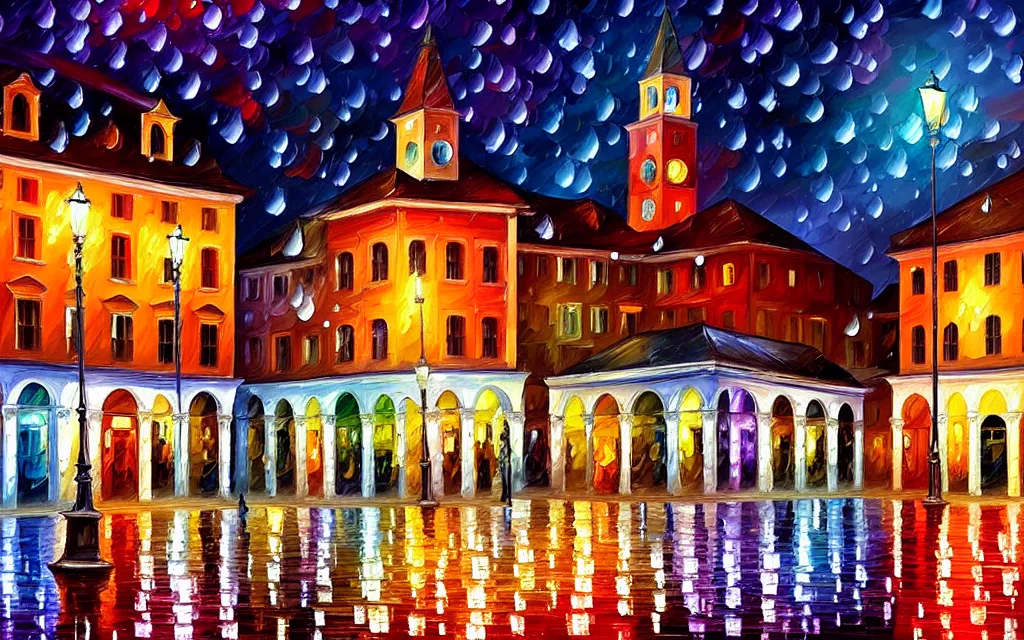 Image similar to a well lit town square at night, rainy, beautiful lighting, vivid colors!, highly detailed digital painting, cinematic, 4 k, trending on artstation, deviantart featured, leonid afremov!