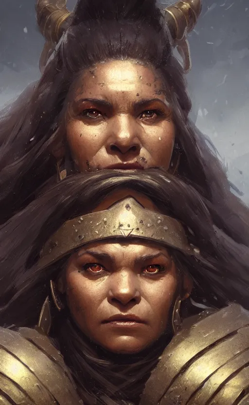 Prompt: masterpiece closeup portrait of a Dwarven woman with dark black skin, brown eyes, wearing armor, by Greg Rutkowski, 4k, matte painting, dungeons and dragons, detailed