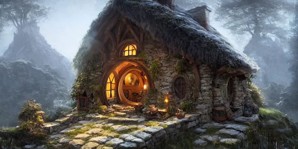 Prompt: a hobbit cottage on top of a steep hill, greg rutkowski, zabrocki, moebius, karlkka, jayison devadas, trending on artstation, 8 k, ultra wide angle, zenith view, pincushion lens effect