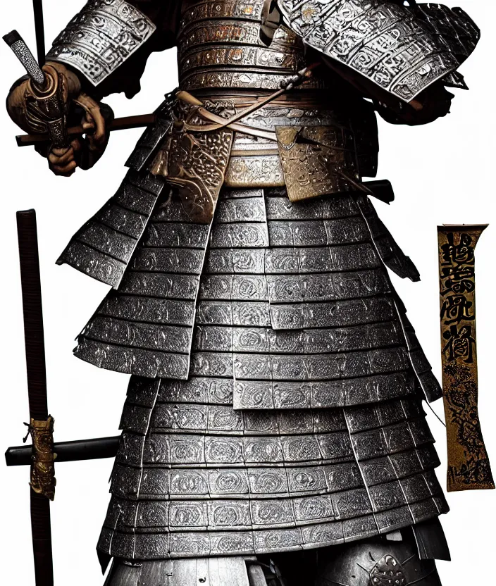 Image similar to detailed photorealistic ancient japanese samurai warrior soldier with traditional japanese engravings and ornamentation on armor and weapons, and shining metallic 3 d surfaces, japanese calligraphy, wide angle, 3 d