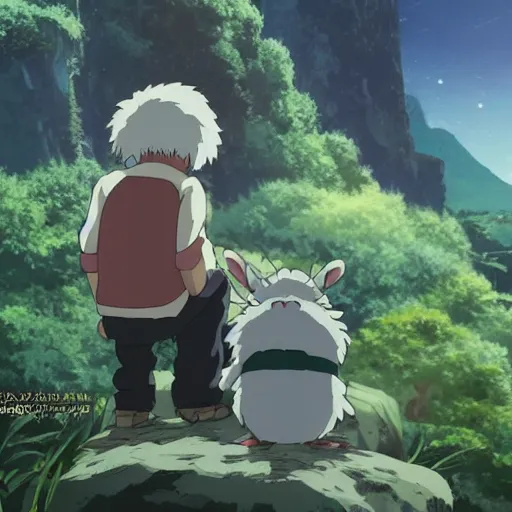 Image similar to friendly guy and small creature , with Fragile looking character, detailed face, made by Studio Ghibli highly detailed art, beautiful scene, sharp focus, smooth, 8k, anime art