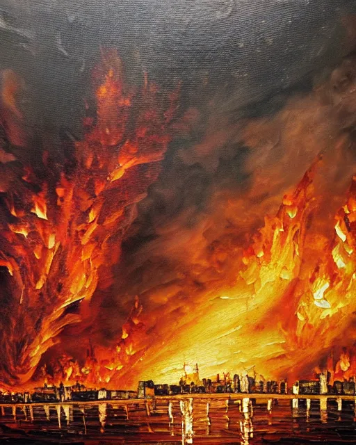 Image similar to oil painting landscape great fire of london, high production value, intricate details, high resolution, hdr, high definition, masterpiece, realistic, ultrarealistic, highly detailed, hd, sharp focus, non blurry, sharp, smooth