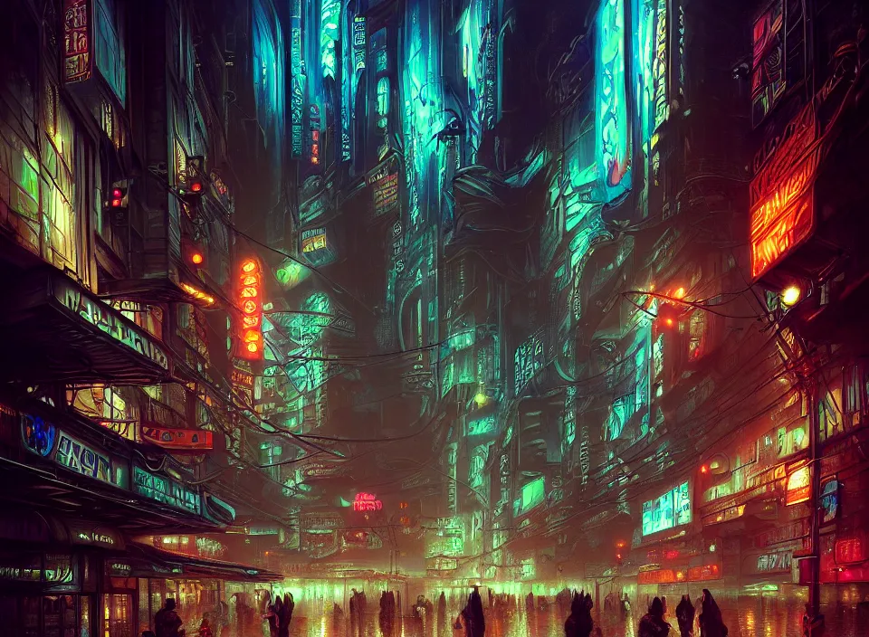 Image similar to rainy night in a cyberpunk city, neon lights, intricate, elegant, highly detailed, centered, digital painting, artstation, concept art, smooth, sharp focus, illustration, artgerm, tomasz alen kopera, peter mohrbacher, donato giancola, joseph christian leyendecker, wlop, boris vallejo