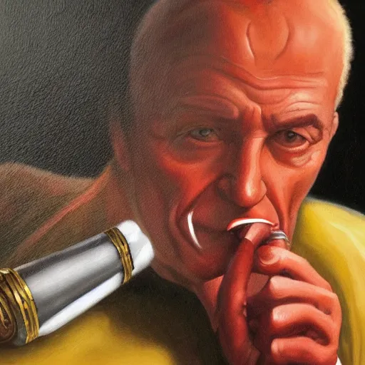 Prompt: a high quality 4k classical oil painting of the character Data from Star Trek, sitting on a red leather chair smoking a pipe,